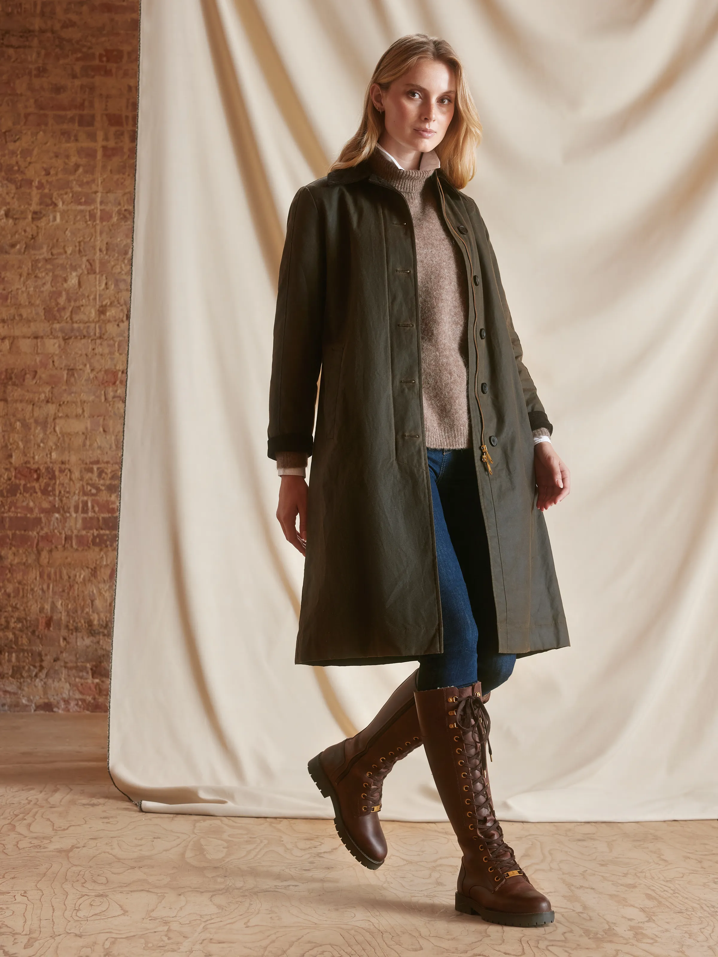 Edith Wax Longline Coat - Dark Khaki - Image 4