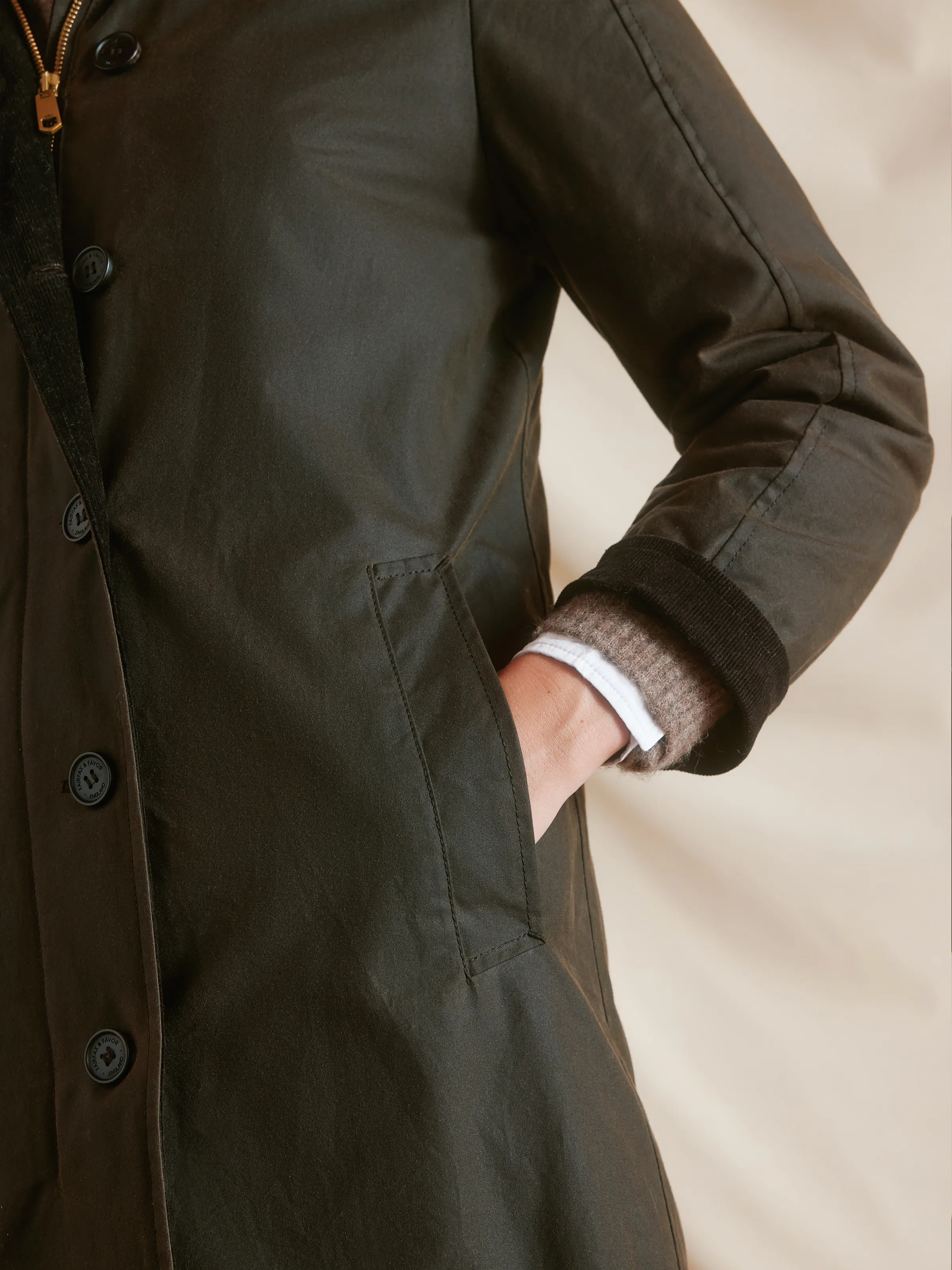 Edith Wax Longline Coat - Dark Khaki - Image 6